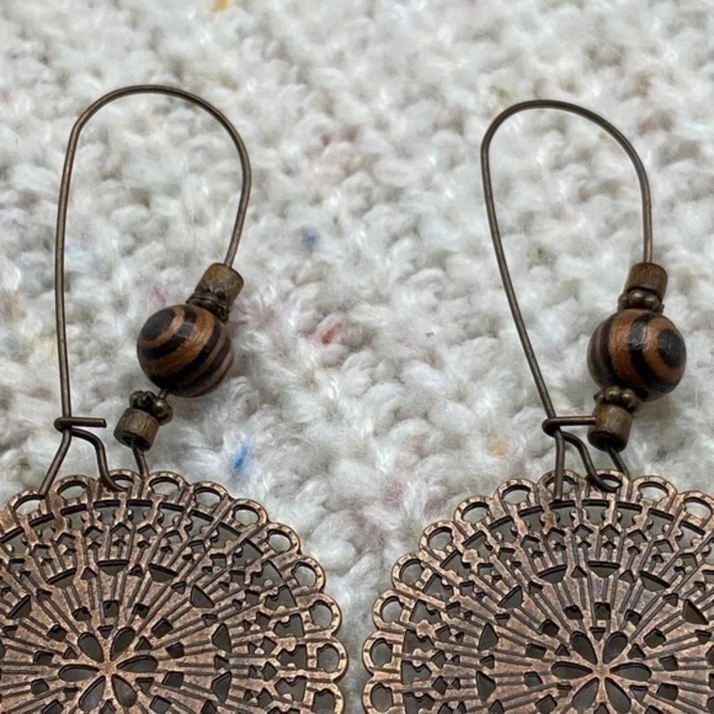 BohoDrop Earrings Round Ornate‎ Metal Wood Bead Hanging Earrings